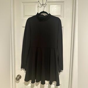 NWT Zara Black Ruffle Neck Dress Long Sleeve Flowy Fit Size Large